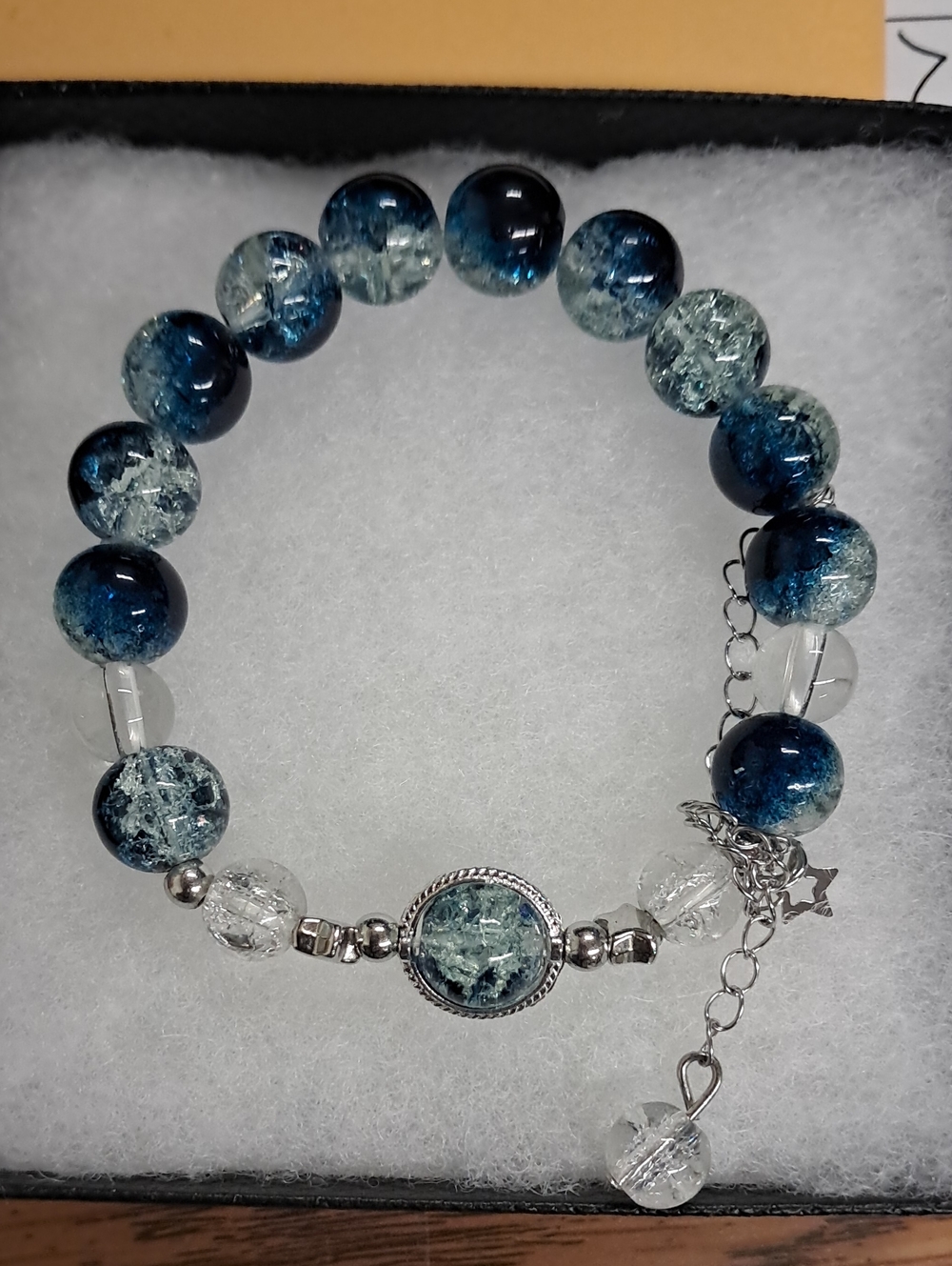 Blue Crackle Glass Beaded Bracelet with Silver Accents